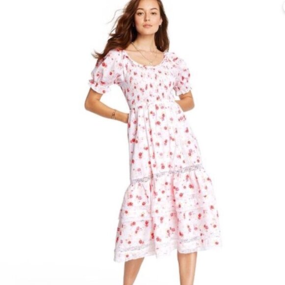 Love Shack Fancy-Target Cosette Dress Pink Floral Ruffle Lace Smocked Peasant M - Picture 1 of 11